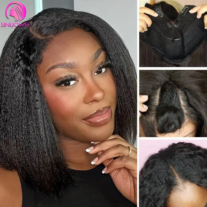 Short Bob Wig Yaki Straight V Part Wig 100% Human Hair Glueless Brazilian Human Hair Kinky Straight U Part Wigs For Woman