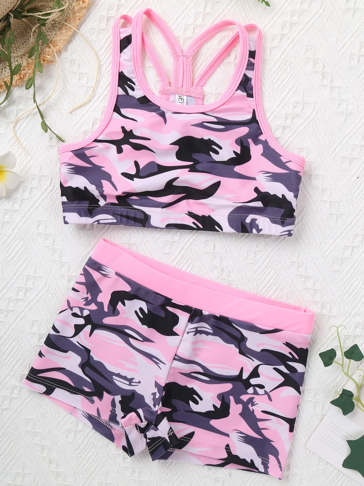 Kids Girls 2Pcs Swimsuit Summer Sleeveless Tanks Bra Crop Top With Shorts Bottoms Set Dance Yoga Sports Suit Gymnastics Outfits