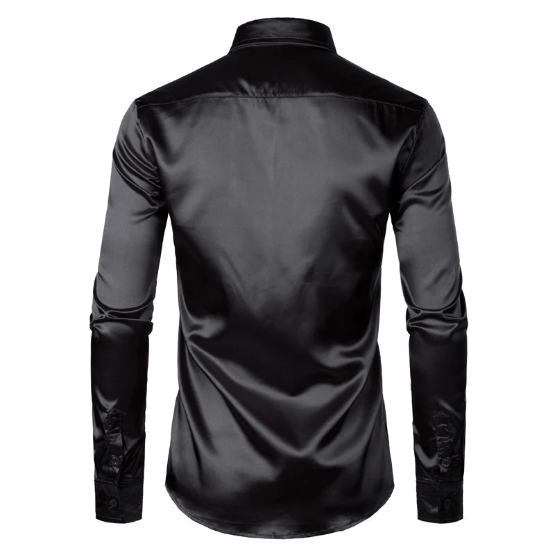 Men's Black Satin Luxury Dress Shirts 2023 Silk Smooth Men Tuxedo Shirt Slim Fit Wedding Party Prom Casual Shirt Chemise Homme