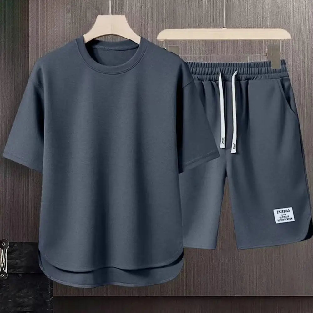 Men Activewear Set Men's Summer Casual Outfit Set O-neck Short Sleeve T-shirt Drawstring Waist Wide Leg Shorts Activewear Set