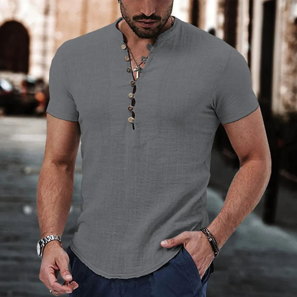 2023 New Men's Short Sleeve Tshirt V neck button Cotton Linen Shirt Men's Casual Clothes Popular Tops for Men