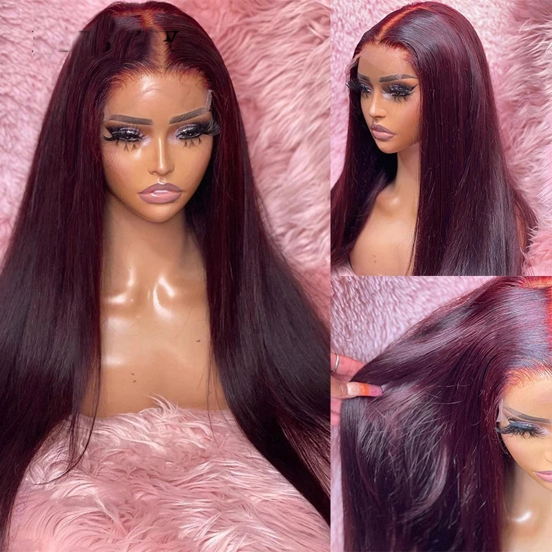 99J Colored 26Inch Burgundy Synthetic Straight Lace Front Wig For Black Women With Baby Hair Heat Resistant Fiber Daily Wig