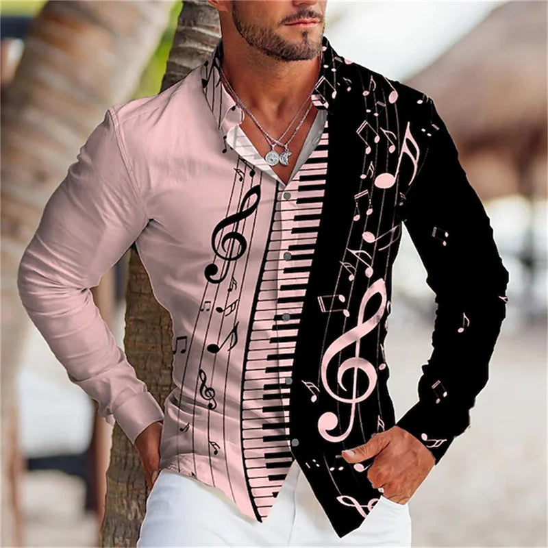 2023 Fashion Men's Shirt Music Note 3D Printing Lapel Button Top Long Sleeve Shirt Clothing 10 Styles Design Comfortable S-6XL
