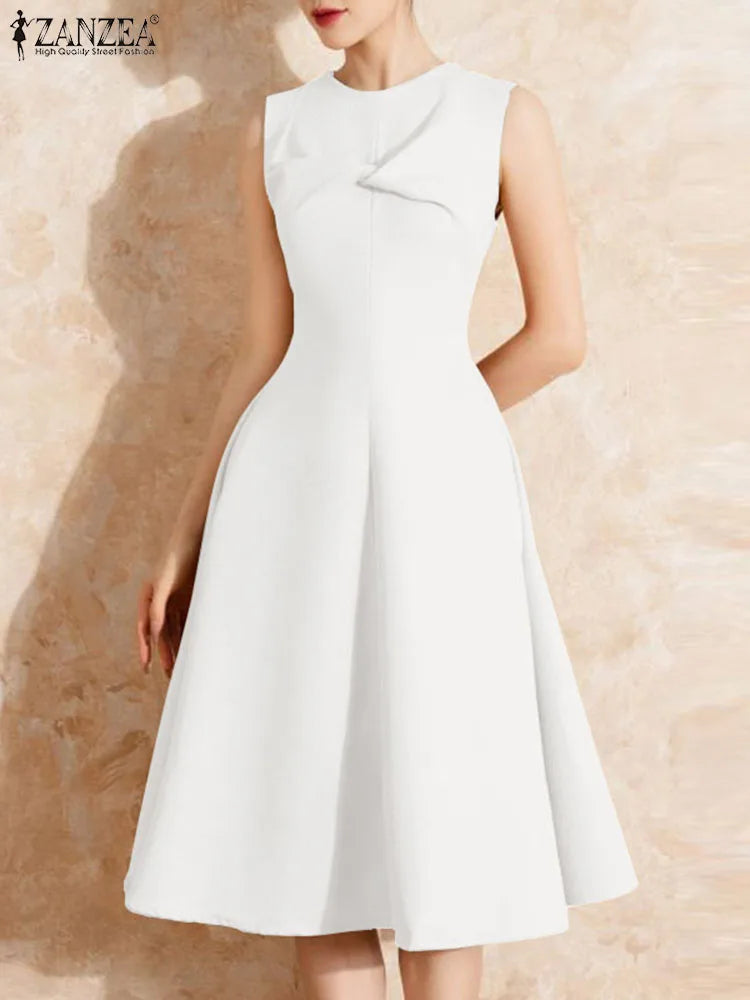 ZANZEA Women Sleeveless Party Dress Korean Elegant Office Kink Waist Tank Vestidos 2024 Summer Vintage Round Neck Formal Dresses