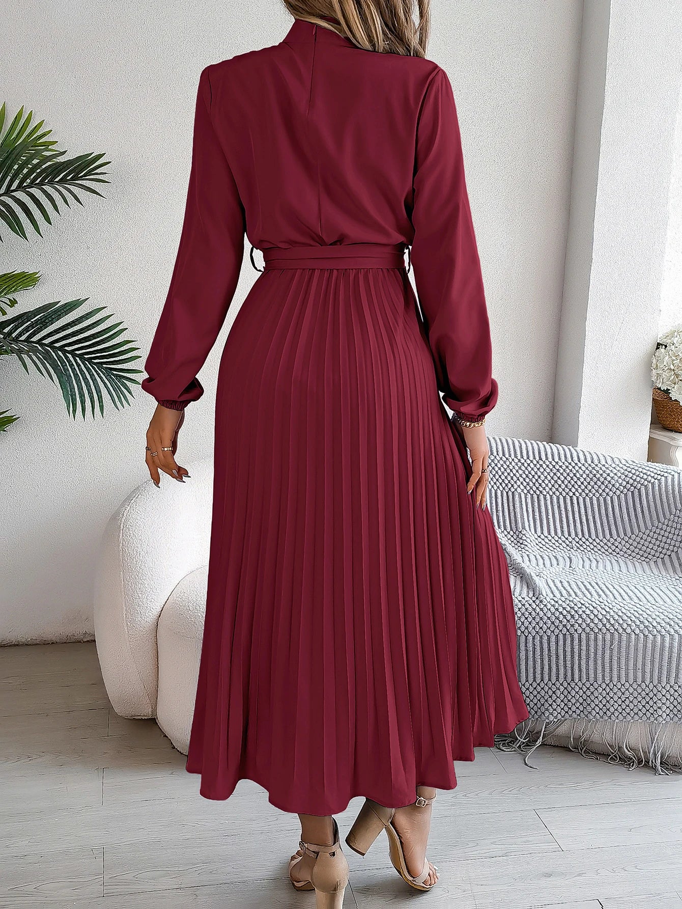 Elegant Solid Color Mock Neck Long Sleeve Belted A-line Pleated Dress, Women's Clothing