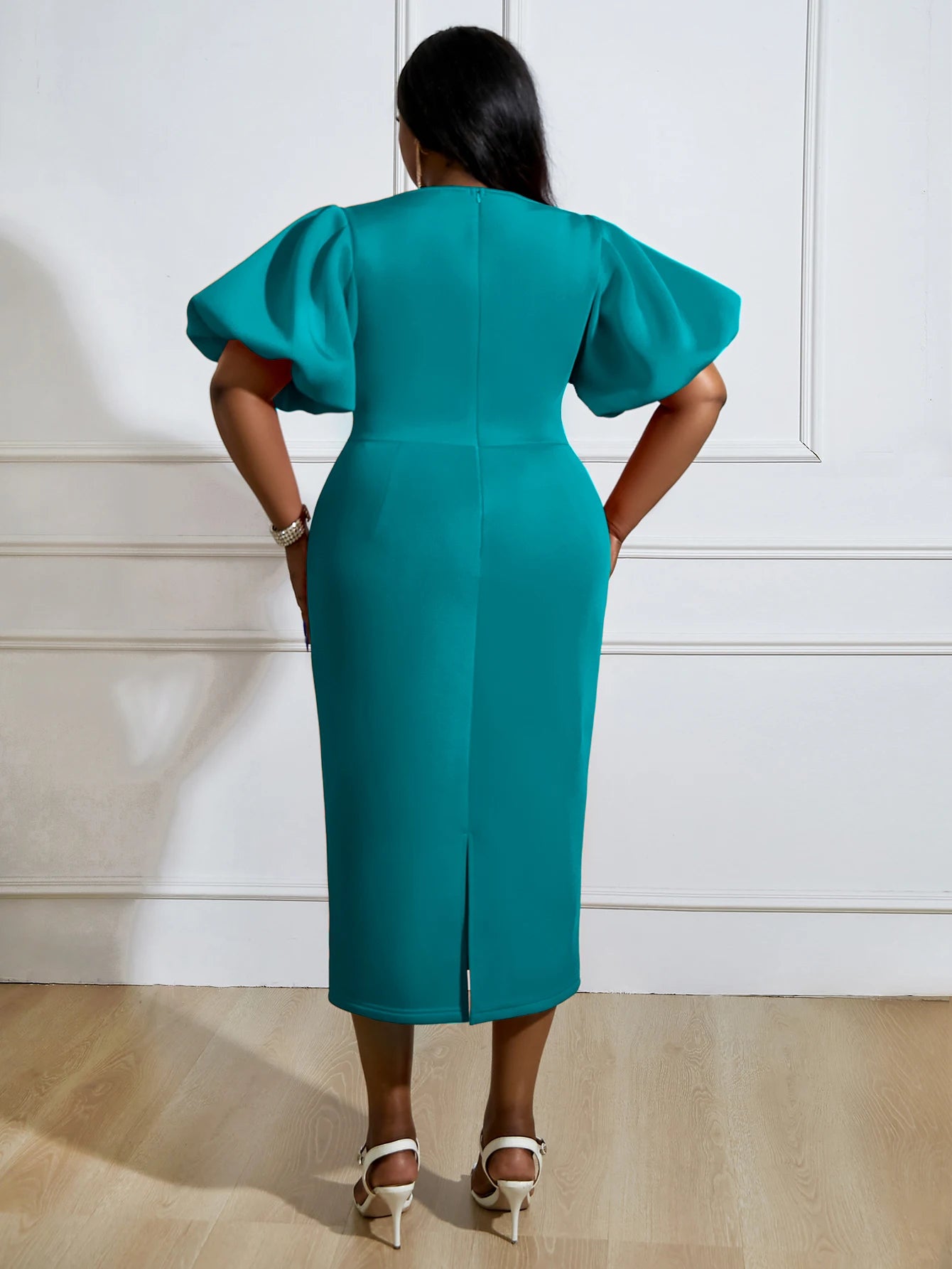 Women Modest Church Dress Short Lantern Sleeve Sheath Elegant Mid-Calf Length Gowns African Female Evening Birthday Event Robe