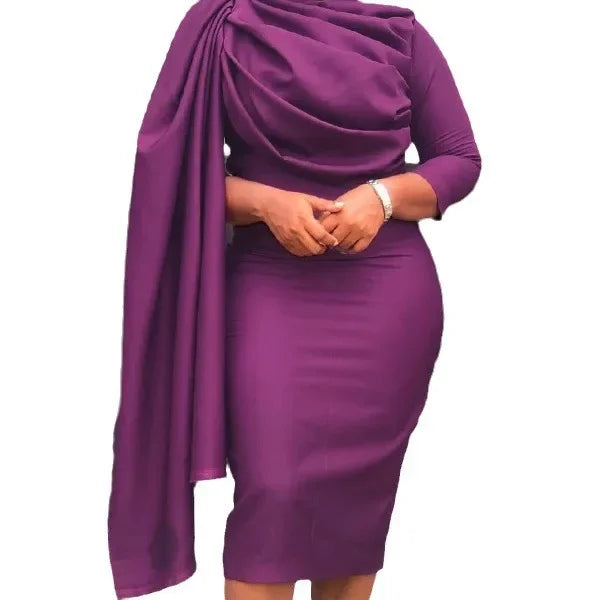 Elegant Ruched Party Pencil Dress Women Solid Ruffle Pleated Cloak Sleeve Bodycon Evening Wedding Dress Women