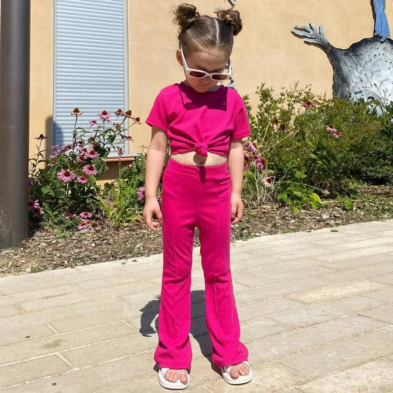 Kids Baby Girls Summer Outfit Toddler Crewneck Sweatshirt Shirt Top + Bell-Bottom Pants Sets Cute Children Flared Pants Clothes