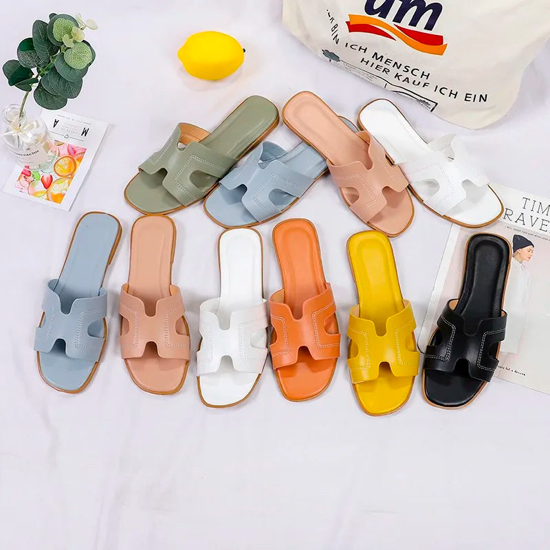 2024 Summer women's slippers H-shaped pattern rubber soft low heel high-end simple shopping shoes for women