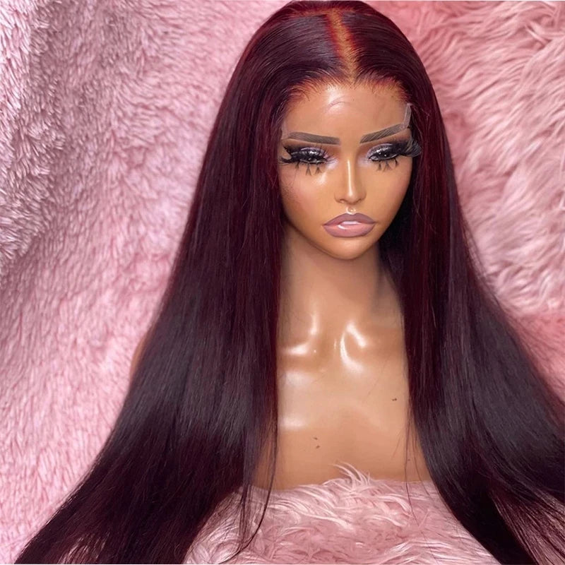 99J Colored 26Inch Burgundy Synthetic Straight Lace Front Wig For Black Women With Baby Hair Heat Resistant Fiber Daily Wig