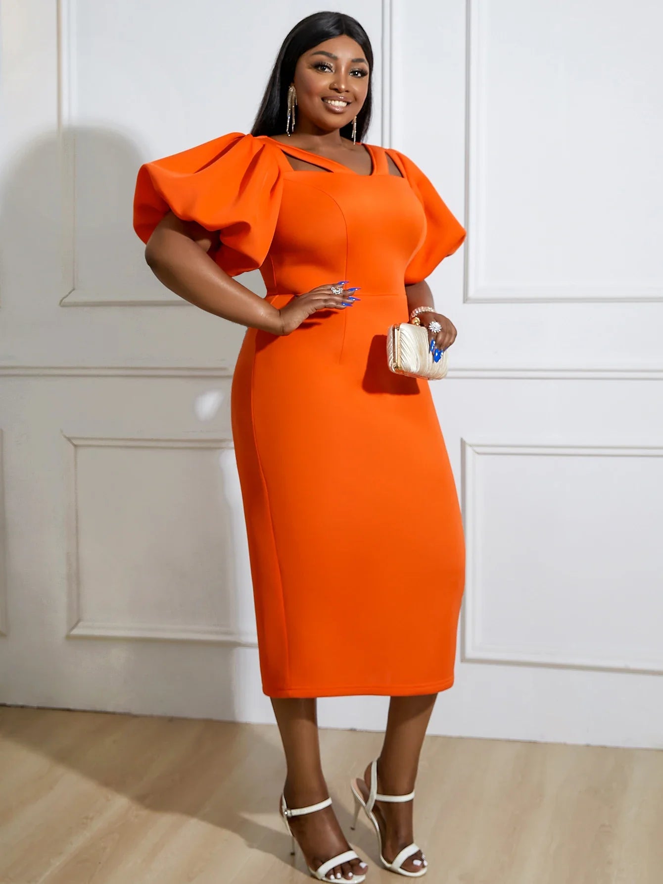 Women Modest Church Dress Short Lantern Sleeve Sheath Elegant Mid-Calf Length Gowns African Female Evening Birthday Event Robe