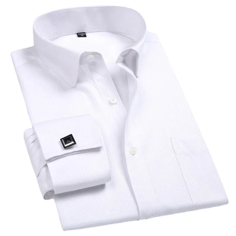 2024 Men French Cuff Dress Shirt Cufflinks New White Long Sleeve Casual Buttons Male Brand Shirts Regular Fit Clothes