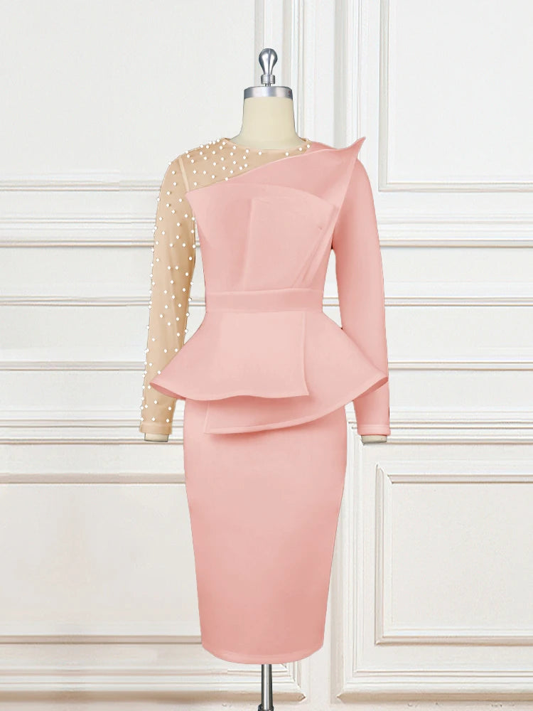 Pink Ruffle Elegant Dress Women Long Sleeve Beaded Mesh Patchwork Peplum Slim Pencil African Evening Part Church Event Dresses