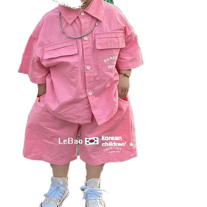 2024 Summer New Boys' Cotton Pink Clothing Sets Double Pocket Shirt +Baby Shorts 2Pcs Casual Fashion Kids Clothes Outfits 2-9Yrs