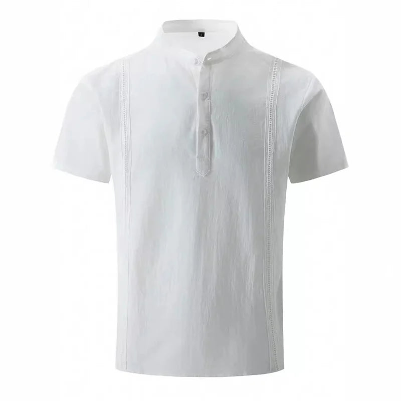 2024 summer new men's short sleeve Henri collar solid color Cuban Guayabera cotton shirt fashion trend beach men's top