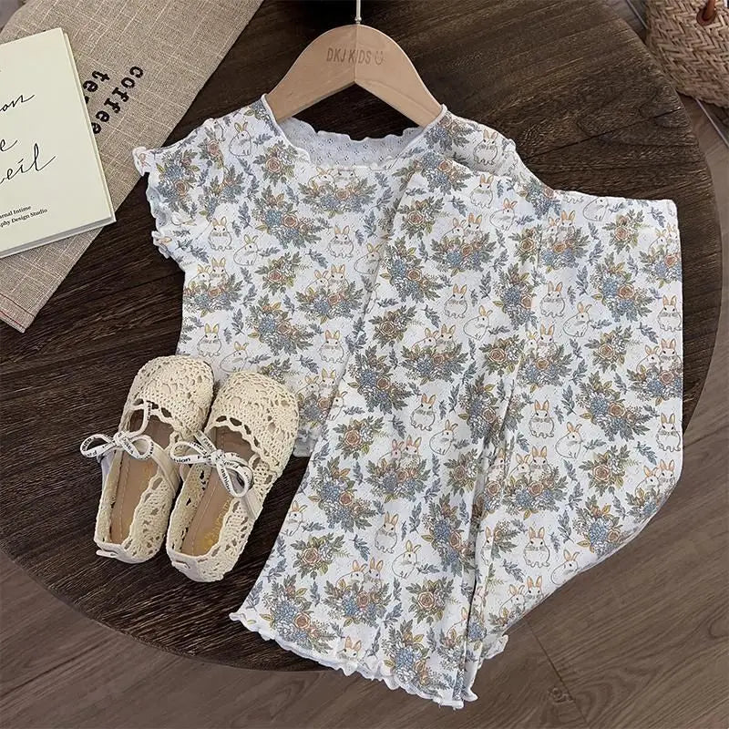 Children's Clothing Girls Sets Short Sleeve T-shirt Pants Suits Elastic Thin Summer Flowers Princess Style Little Girl Kid Suits