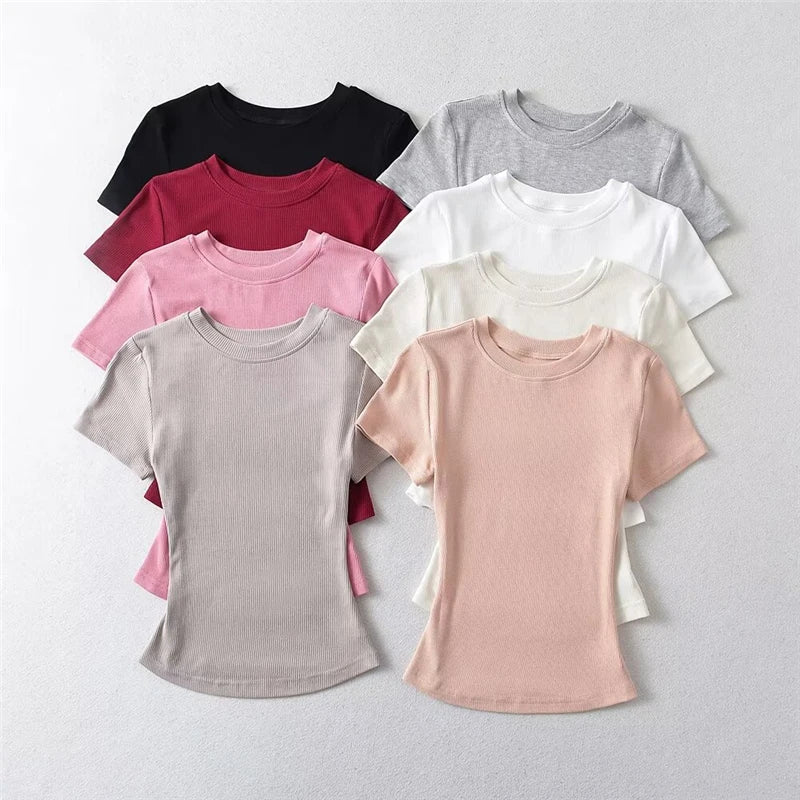 LUNDUNSHIJIA 2024 Summer Sexy Women Basic O-neck Short Sleeve T-shirt Ladies Slim Elasticity Cotton Tee Tops 12 Colors