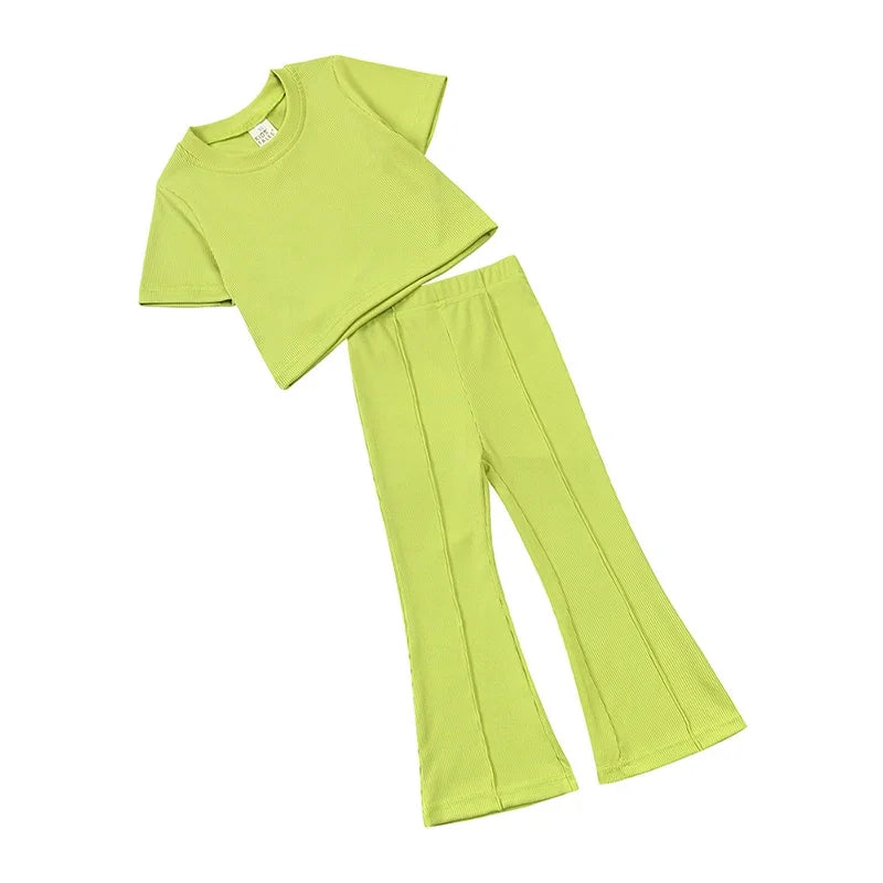 Kids Baby Girls Summer Outfit Toddler Crewneck Sweatshirt Shirt Top + Bell-Bottom Pants Sets Cute Children Flared Pants Clothes