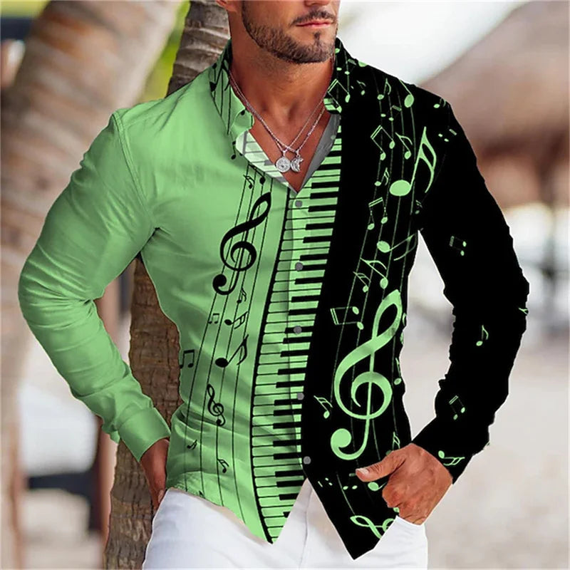 2023 Fashion Men's Shirt Music Note 3D Printing Lapel Button Top Long Sleeve Shirt Clothing 10 Styles Design Comfortable S-6XL