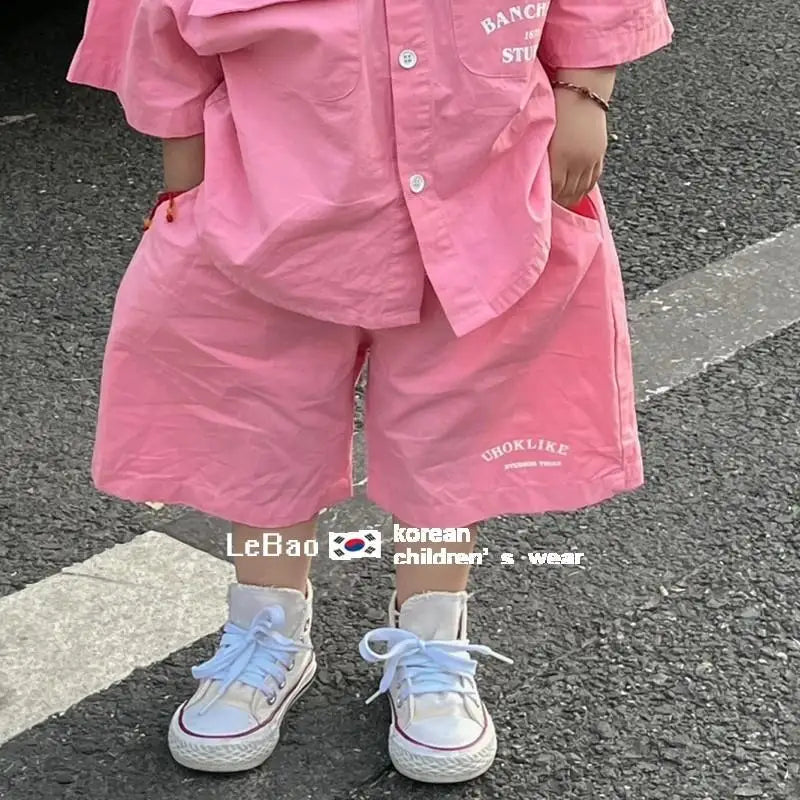 2024 Summer New Boys' Cotton Pink Clothing Sets Double Pocket Shirt +Baby Shorts 2Pcs Casual Fashion Kids Clothes Outfits 2-9Yrs
