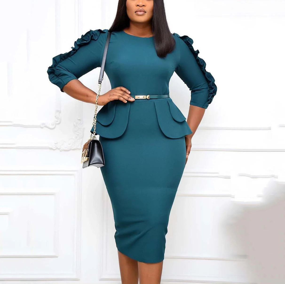 Elegant Office Dress for Women Professional Round Neck Three Quarter Sleeve Belt Waisted Package Hips Mid Calf Formal Work Dress