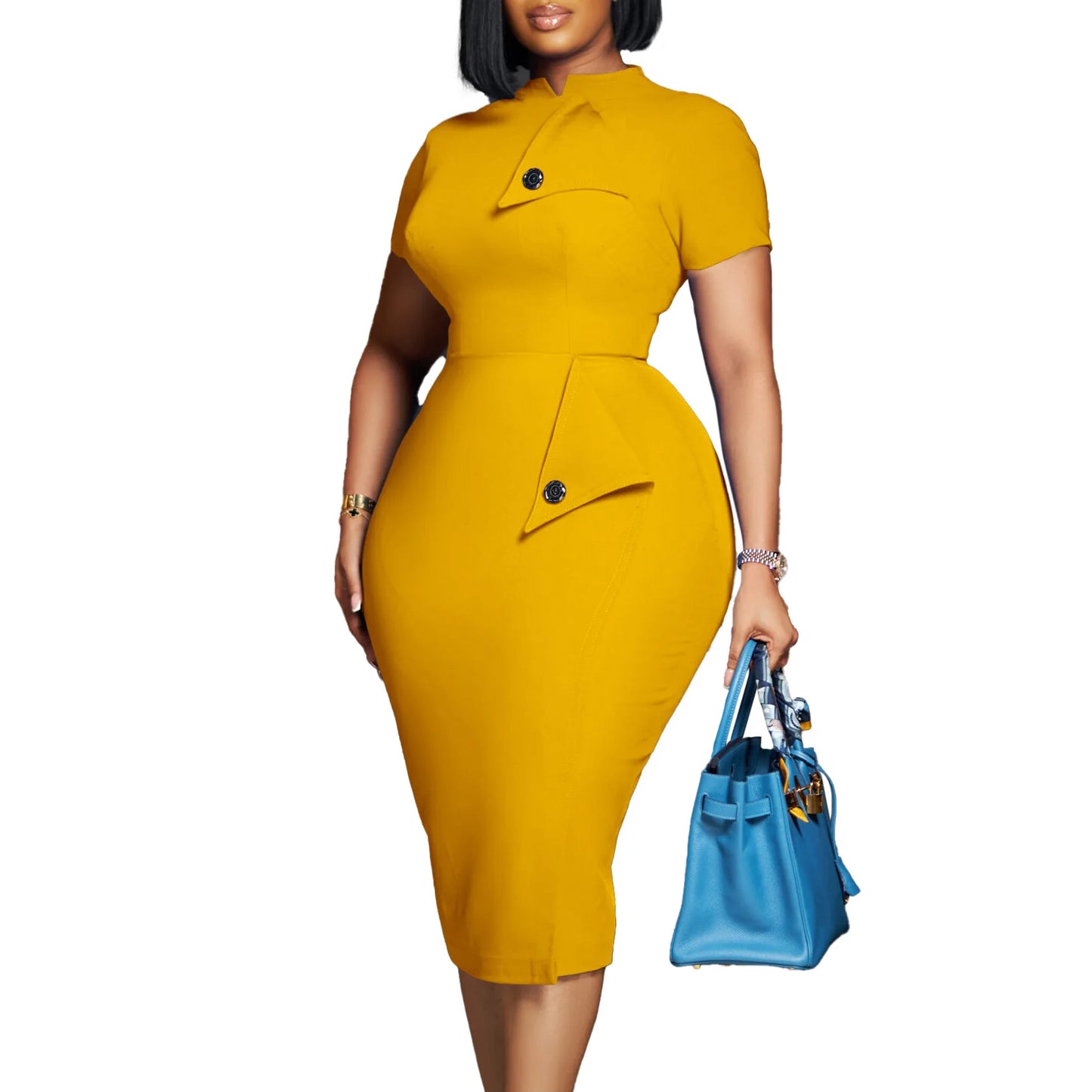 Elegant Church Dresses for Women Bodycon Short Sleeves Buttons Package Hip Female Classy Office Modest African Fashion Gowns