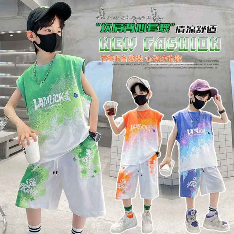 Kids Clothes Boys Letter Gradient color Painted Graffiti Basketball Uniform Teenage boy leeveless vest Top and Shorts 2PCS Sets