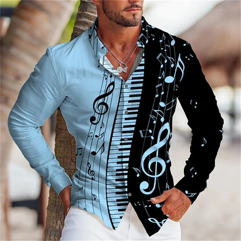 2023 Fashion Men's Shirt Music Note 3D Printing Lapel Button Top Long Sleeve Shirt Clothing 10 Styles Design Comfortable S-6XL