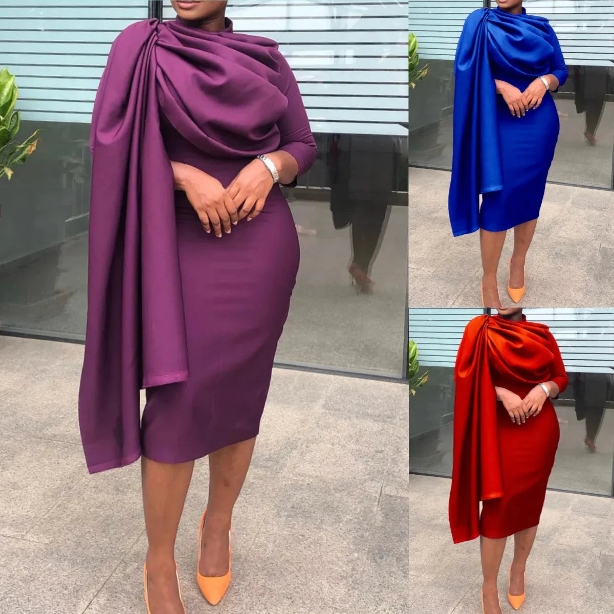 Elegant Ruched Party Pencil Dress Women Solid Ruffle Pleated Cloak Sleeve Bodycon Evening Wedding Dress Women