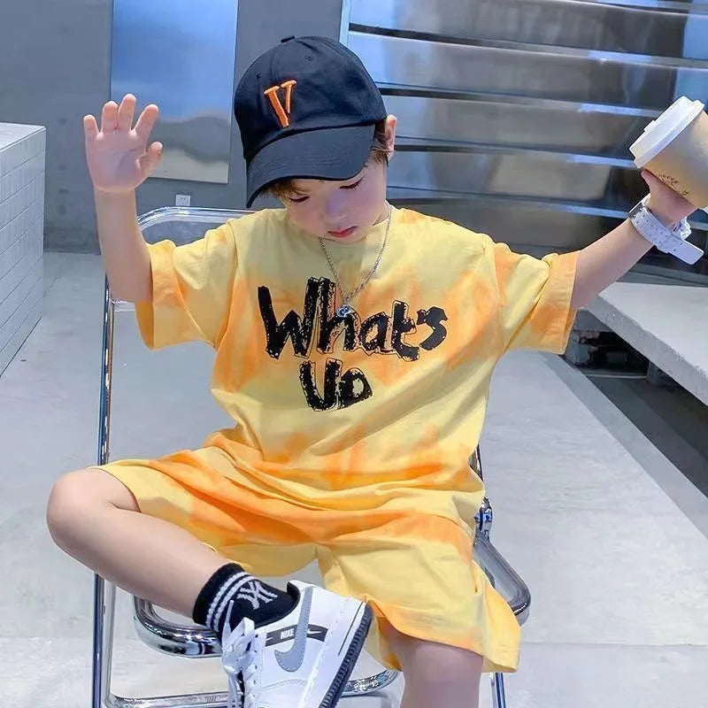 Children Boys Clothes Gradient Color T-Shirt & Loose Shorts 2 Pieces Set Teenage Graffiti Tracksuit Street Style Letter Outfit