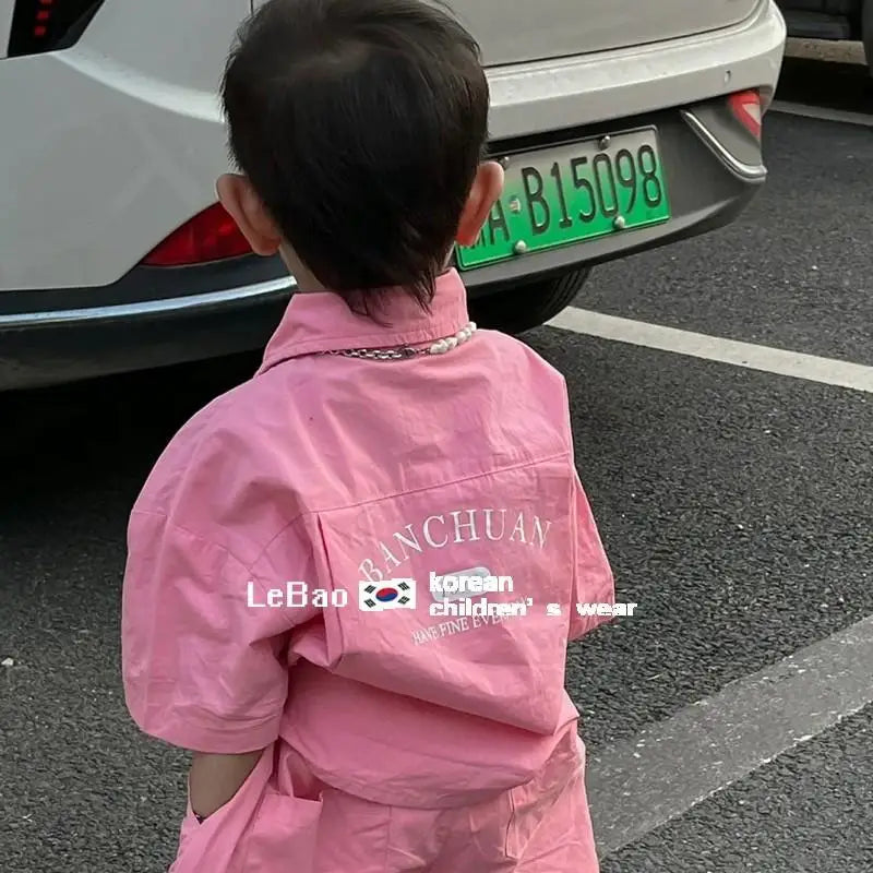 2024 Summer New Boys' Cotton Pink Clothing Sets Double Pocket Shirt +Baby Shorts 2Pcs Casual Fashion Kids Clothes Outfits 2-9Yrs