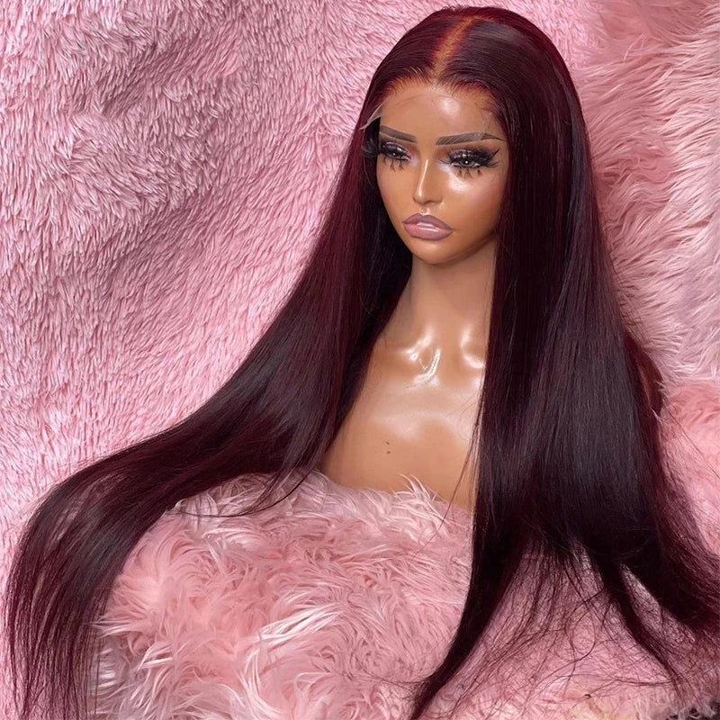 99J Colored 26Inch Burgundy Synthetic Straight Lace Front Wig For Black Women With Baby Hair Heat Resistant Fiber Daily Wig