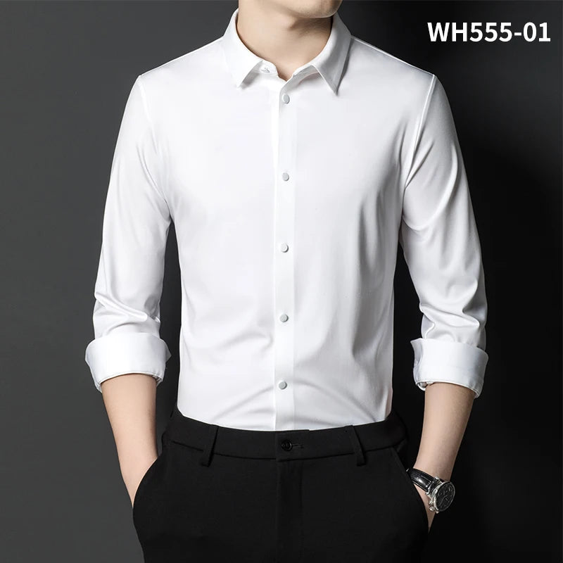 High-end New Traceless men's Shirt No Ironing Anti-wrinkle Solid Color Breathable Casual Slim Business No Pockets Long Sleeves