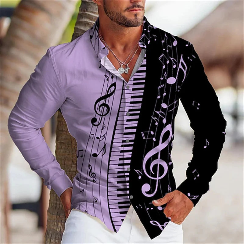 2023 Fashion Men's Shirt Music Note 3D Printing Lapel Button Top Long Sleeve Shirt Clothing 10 Styles Design Comfortable S-6XL