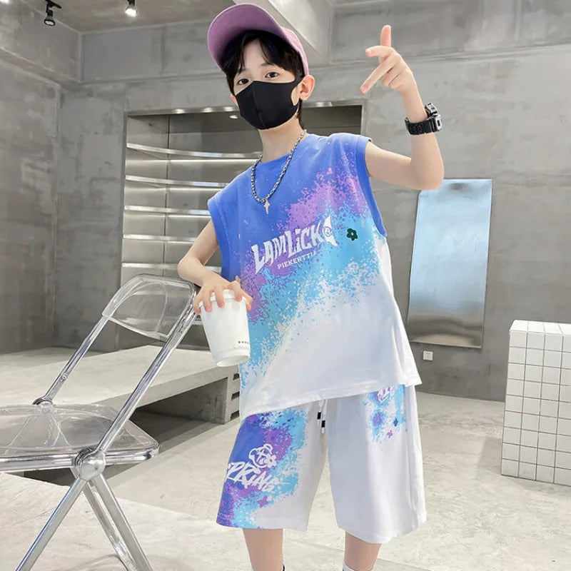 Kids Clothes Boys Letter Gradient color Painted Graffiti Basketball Uniform Teenage boy leeveless vest Top and Shorts 2PCS Sets