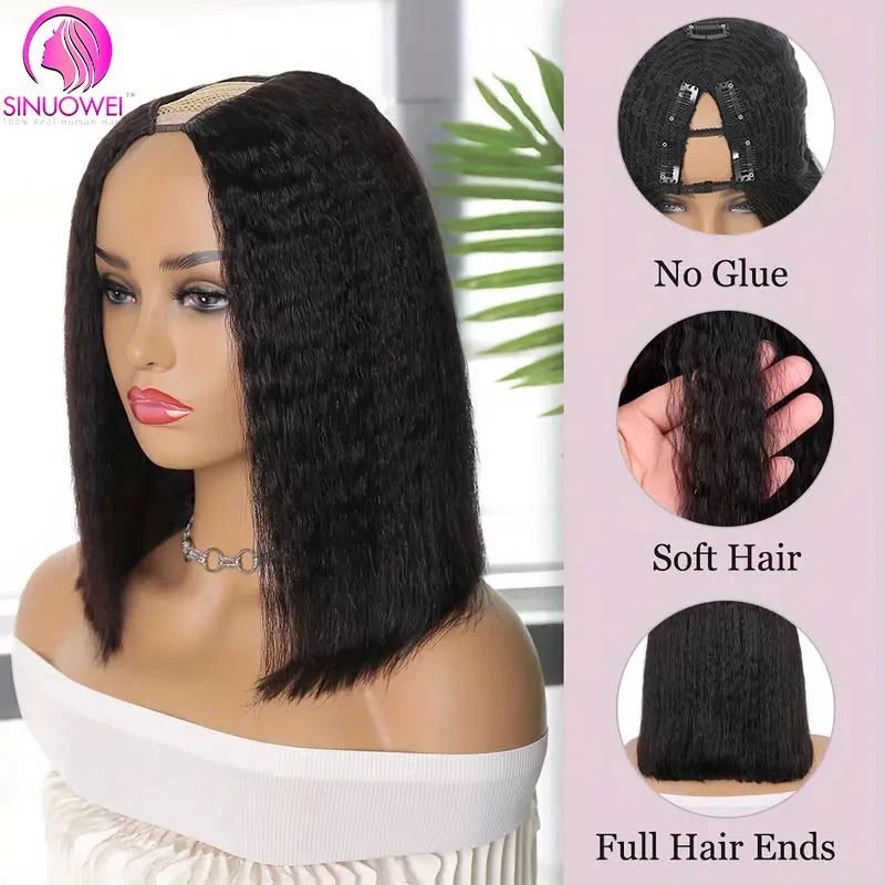 Short Bob Wig Yaki Straight V Part Wig 100% Human Hair Glueless Brazilian Human Hair Kinky Straight U Part Wigs For Woman