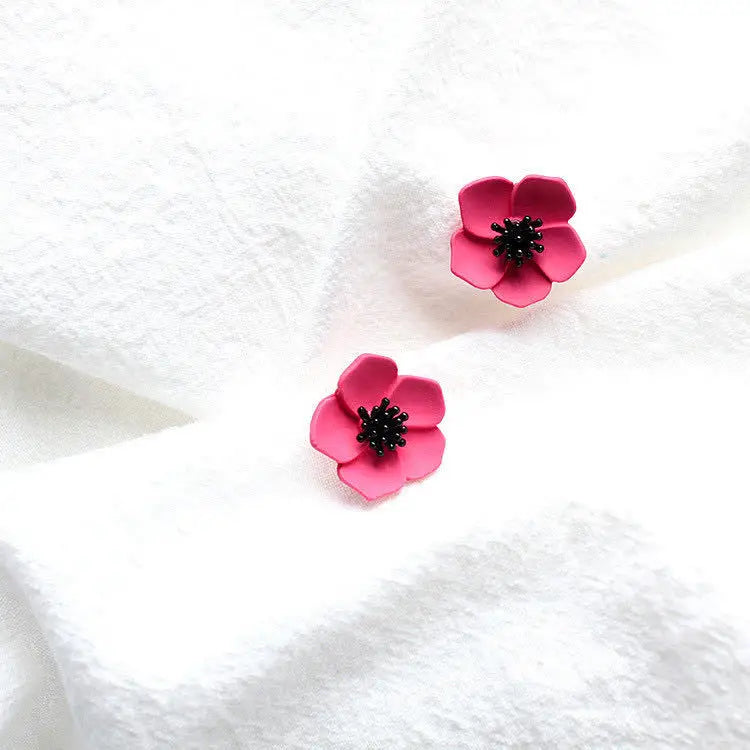 Super Fairy Red Flower Earrings Petal Temperament Korea Personality Joker Small Simple Cold Wind Earrings Female Tide