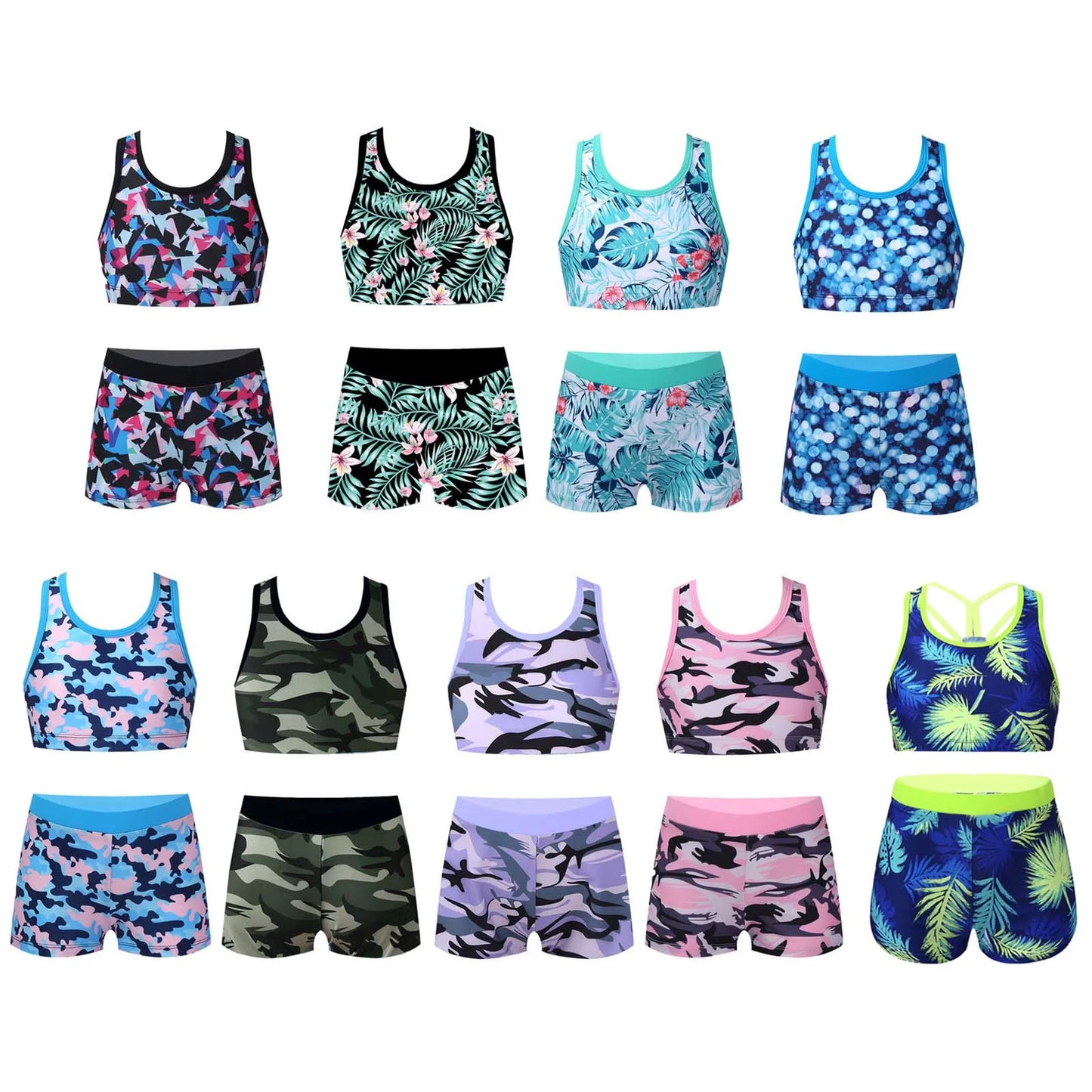 Kids Girls 2Pcs Swimsuit Summer Sleeveless Tanks Bra Crop Top With Shorts Bottoms Set Dance Yoga Sports Suit Gymnastics Outfits