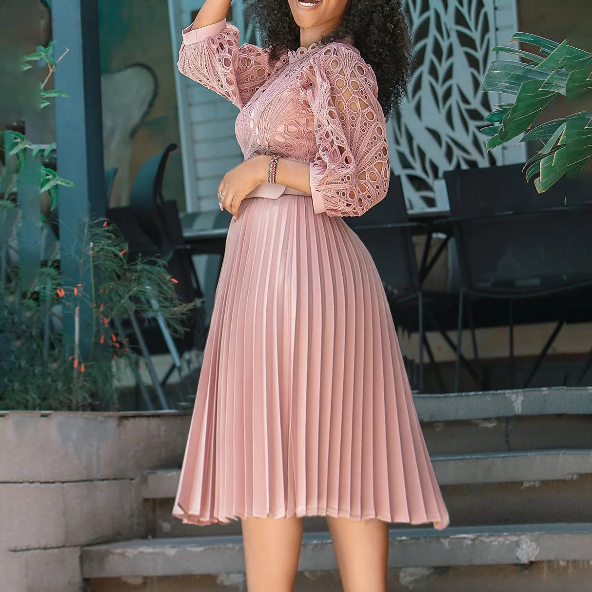 Elegant Church Dresses for Women Lace Hollow Out Patchwork Pleated Female Gowns Wedding Guest Party Female Classy Office Ladies