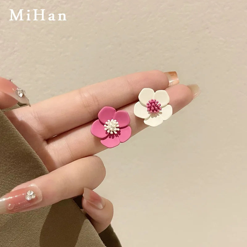 Korean-style Sweet and Lovely Flower Earrings in Pink and White Collision Color, Ins Wind Summer New Ear Drops for Women