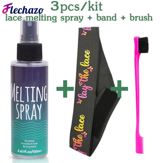 100Ml Lace Melting Spray + 3Cm Lay The Lace Wig Band + Hair Brush, 3Pcs Kit Lace Front Wigs Holding Spray Quick Weave Glue Spray