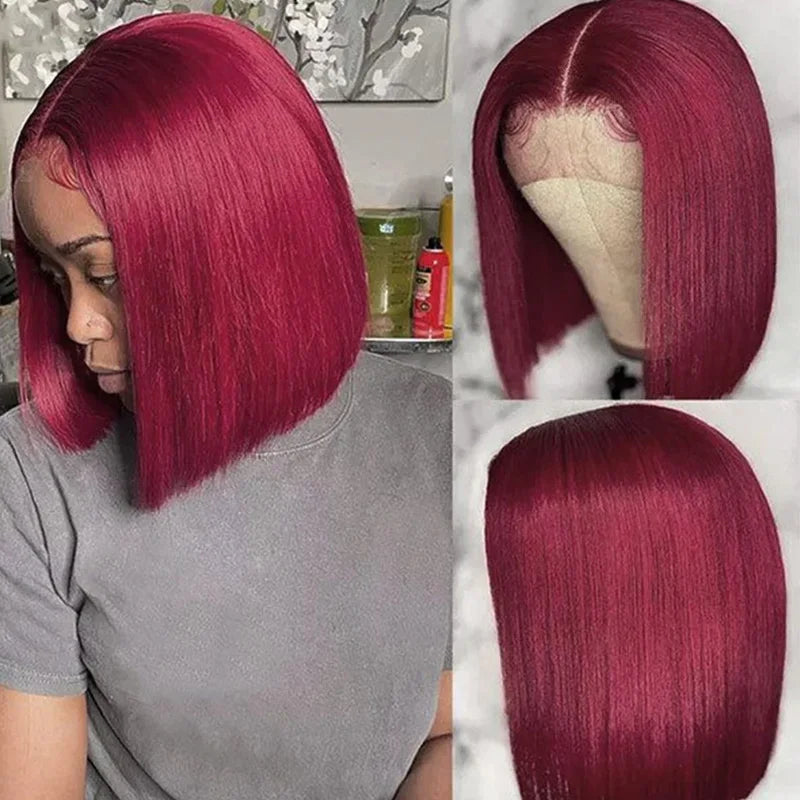 13x4 99J Short Bob Wig Human Hair Dark Red Burgundy Color Full Frontal Bob Wigs Blunt Cut Bone Straight Front For Black Woman