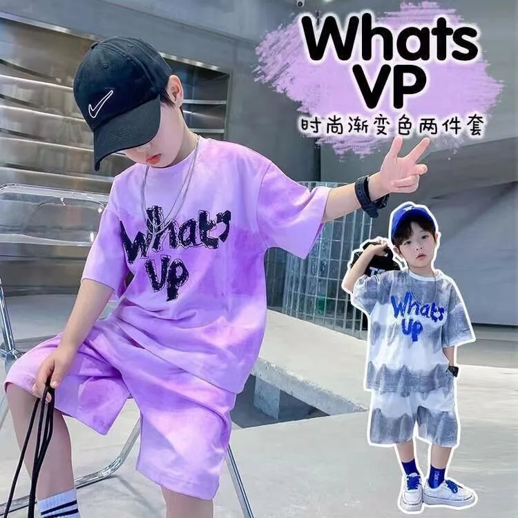 Children Boys Clothes Gradient Color T-Shirt & Loose Shorts 2 Pieces Set Teenage Graffiti Tracksuit Street Style Letter Outfit