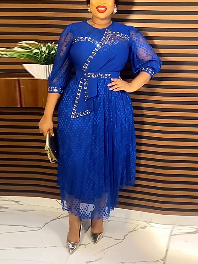 Elegant Women Tulle Polka Dot Evening Party Dress O Neck Hot Drill See Through Wrist Sleeve Modest Formal Church Event Clothings