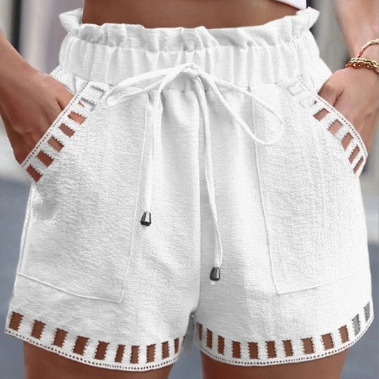 Women's Shorts Para Mujer Cotton Linen Solid Color Thin Hollow Out Design Trim Pocket Tight Waist Shorts Beachwear White Clothes