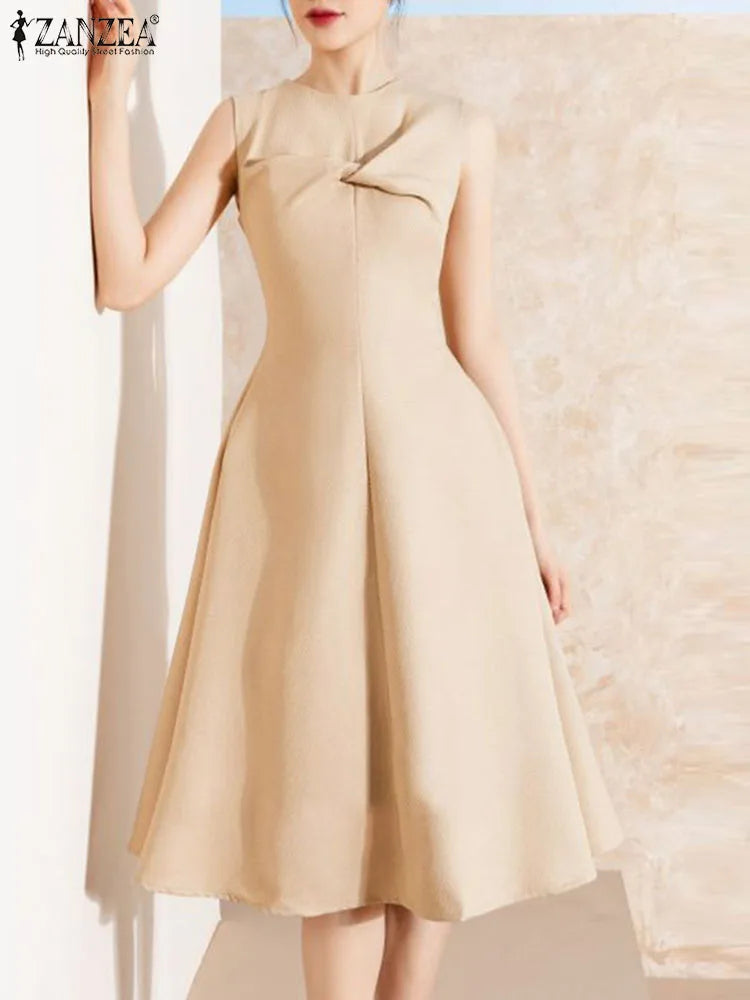 ZANZEA Women Sleeveless Party Dress Korean Elegant Office Kink Waist Tank Vestidos 2024 Summer Vintage Round Neck Formal Dresses