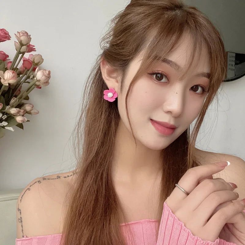 Korean-style Sweet and Lovely Flower Earrings in Pink and White Collision Color, Ins Wind Summer New Ear Drops for Women