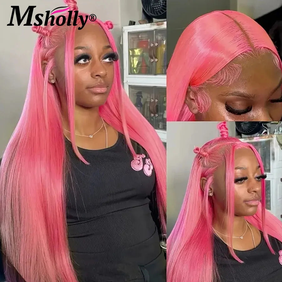 30Inch Pink 13x6 HD Lace Frontal Wig Human Hair Bone Straight Preplucked Brazilian Remy Wig 100% Human Hair Glueless Colored Wig