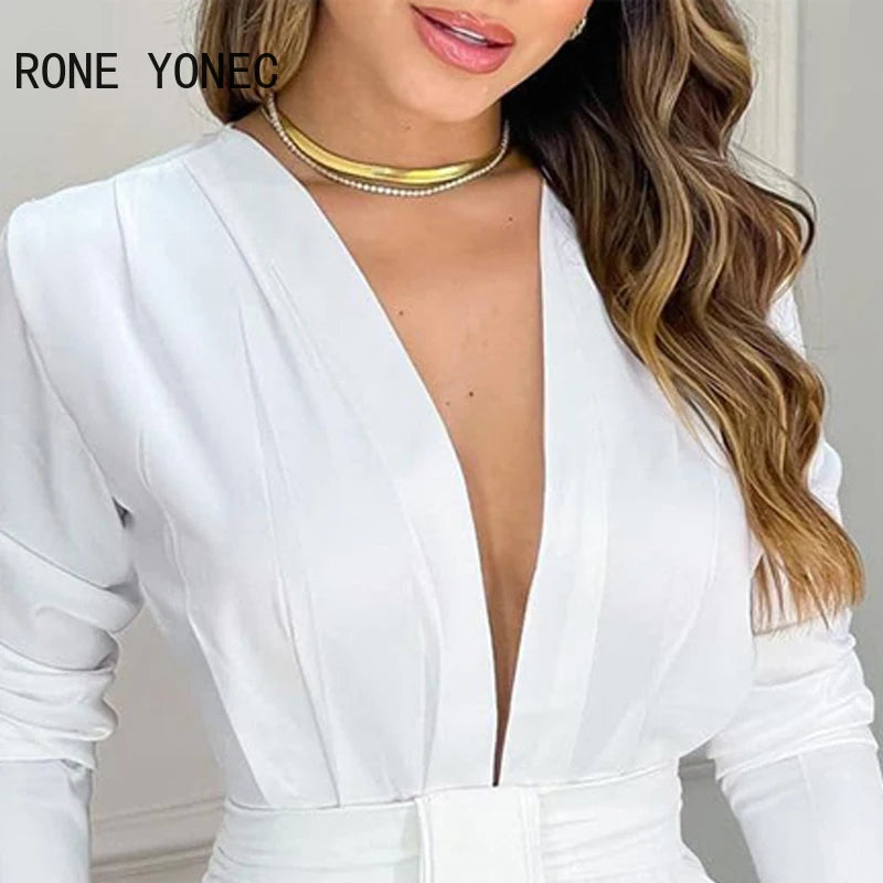 Women Chic Elegant Long Sleeves Deep V Neck Mini A Line Ruffles Formal Party & Working White Dresses