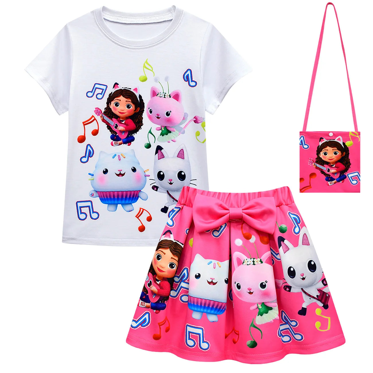 GabyDoll Cat house Girls Clothes Sets Summer Cats-tastic Tops+Bow Cartoon Print Skirt+Bag+Headband 4pcs Children's Clothing Suit